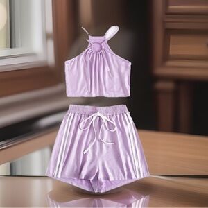 Rare Velvet Purple Metal Ring On Crop Top & Striped Short Outfit R Pajamas Set